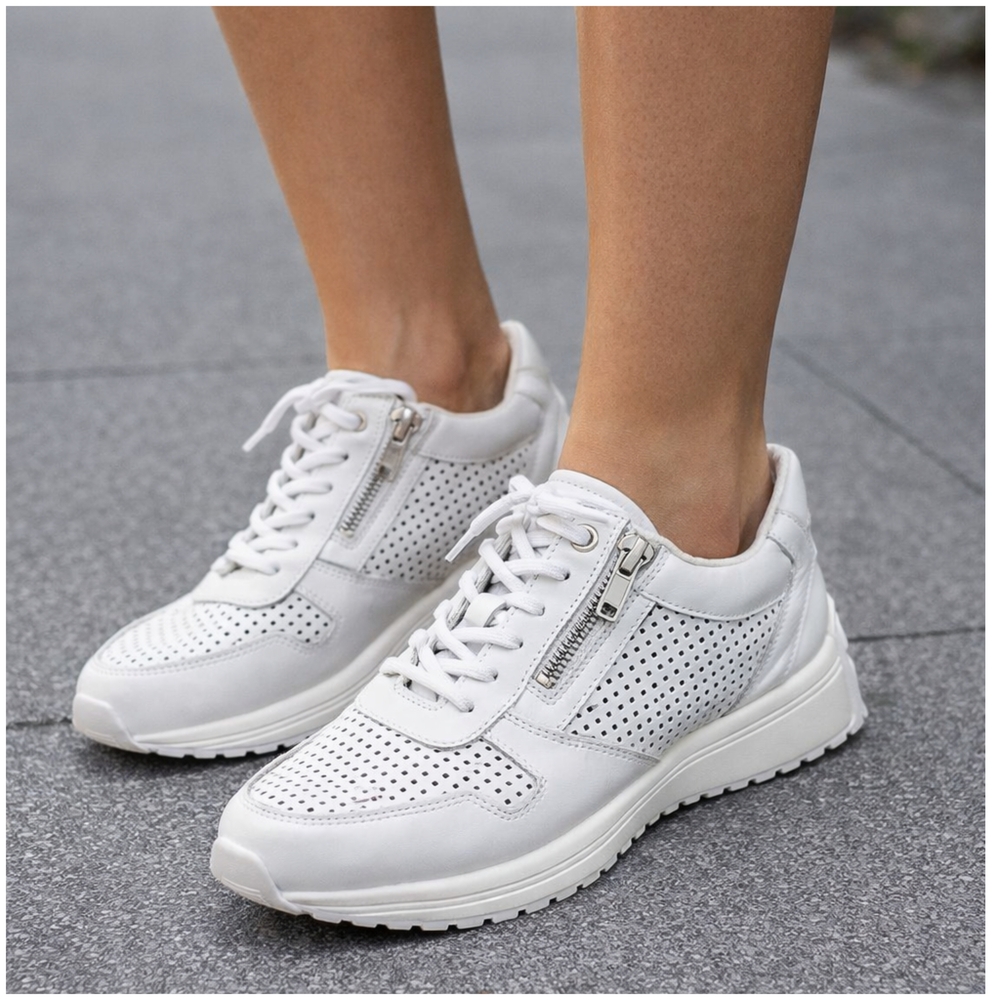Vitaform, Women's White Perforated Lace-Up Sneakers with Side Zip